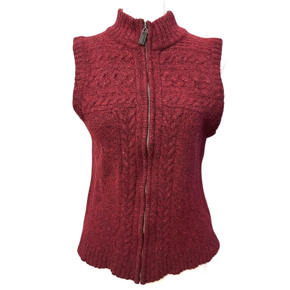 Orvis Sweater Vest Women Medium Red Lambswool Cable Knit Full Zip Mock Neck 126M